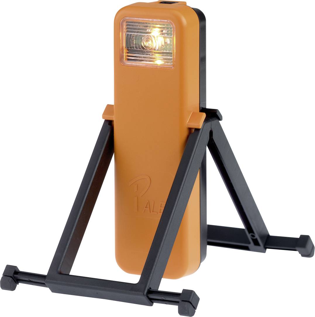 Orange warning light on a black stand, ready for deployment. It has a transparent housing on the front which emits a light.