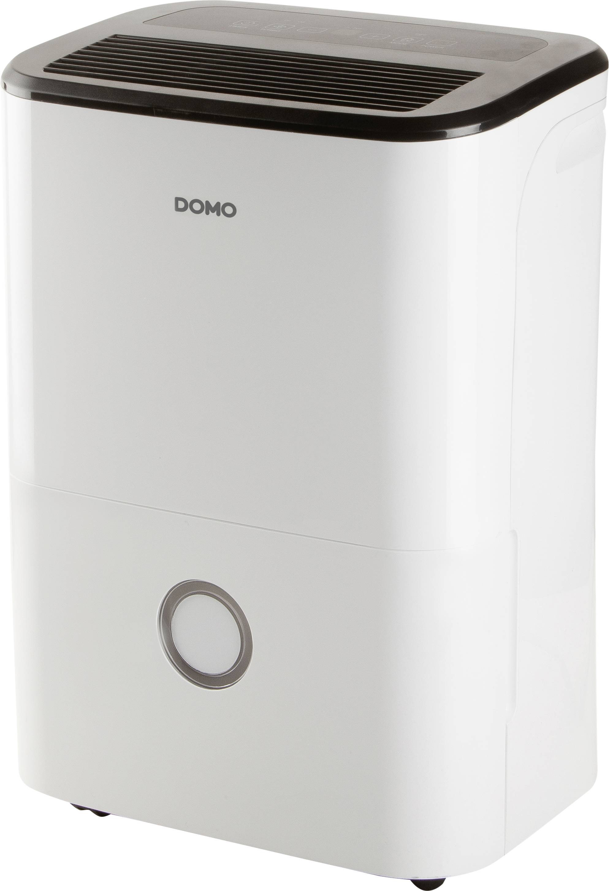 A white dehumidifier with black details. At the top, there is a control panel, and at the front, a viewing window for water level.