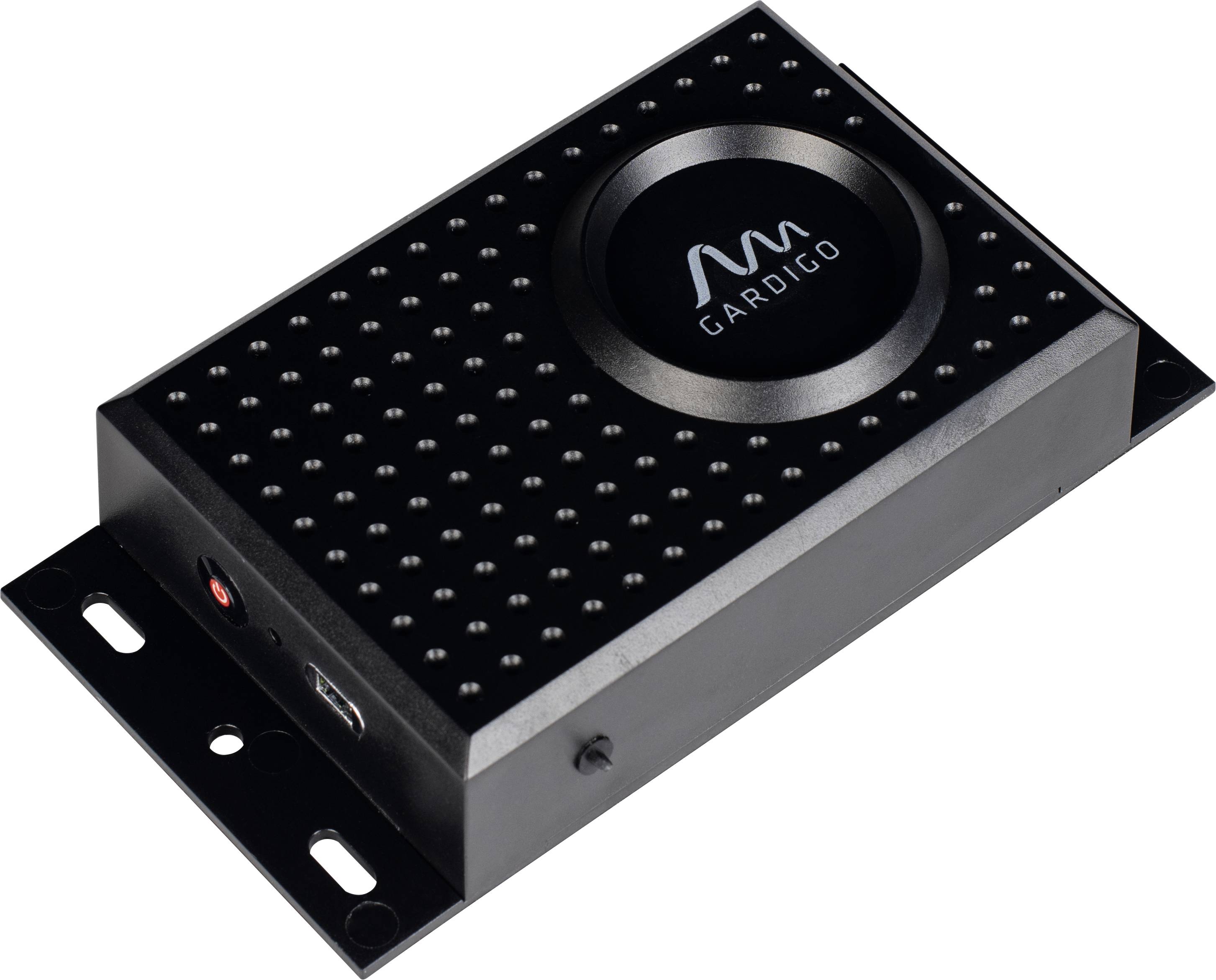 Black electronic marten deterrent box with red LED indicator and Gardigo logo, mountable, for installation in car or garage.