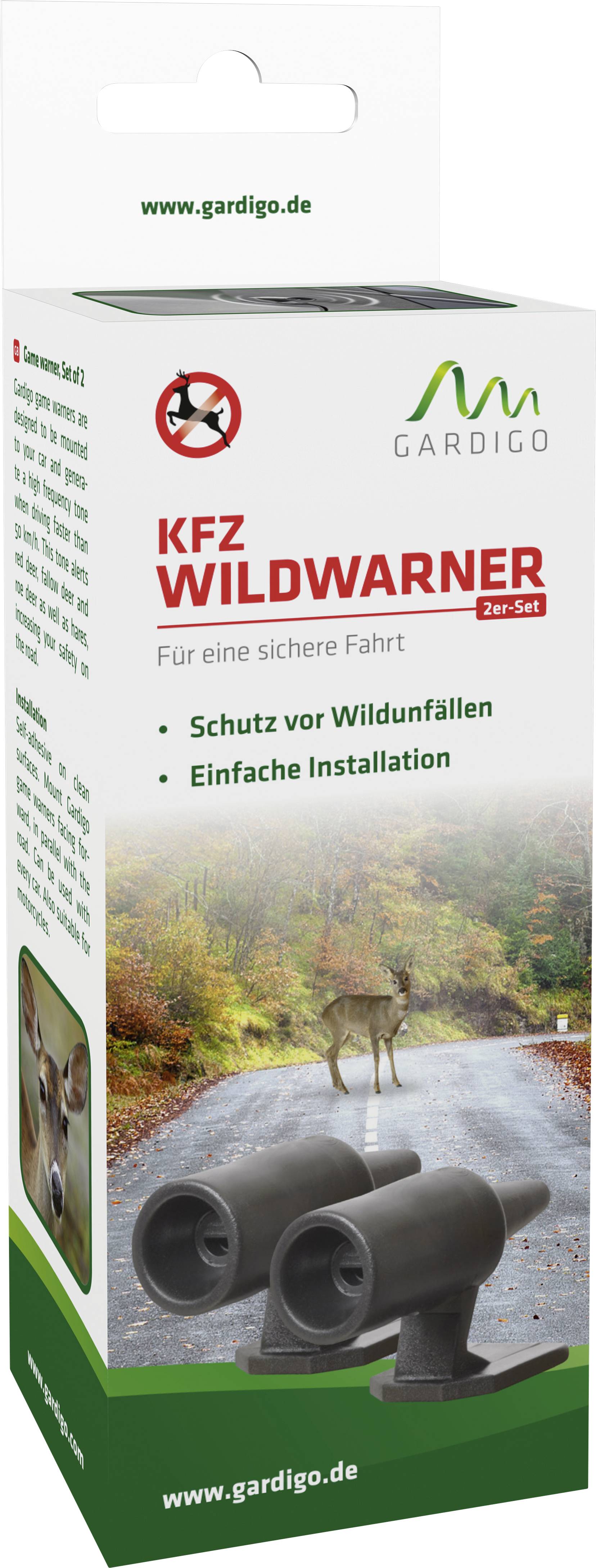 Packaging for a Gardigo vehicle wildlife warning device. Contains two devices. Promises protection against wildlife collisions and easy installation.