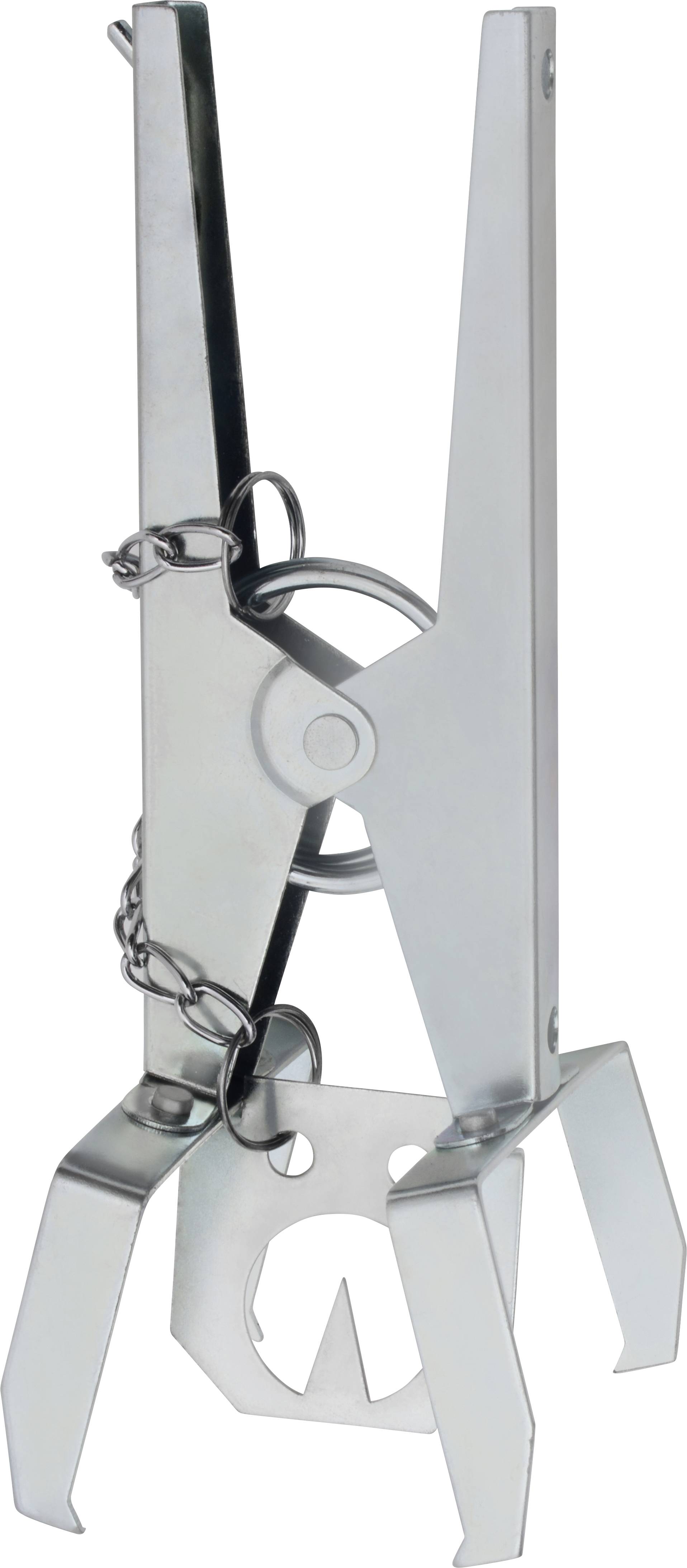 A metal device with long levers, chains, gears, and four legs. Possibly a tool or machine component.