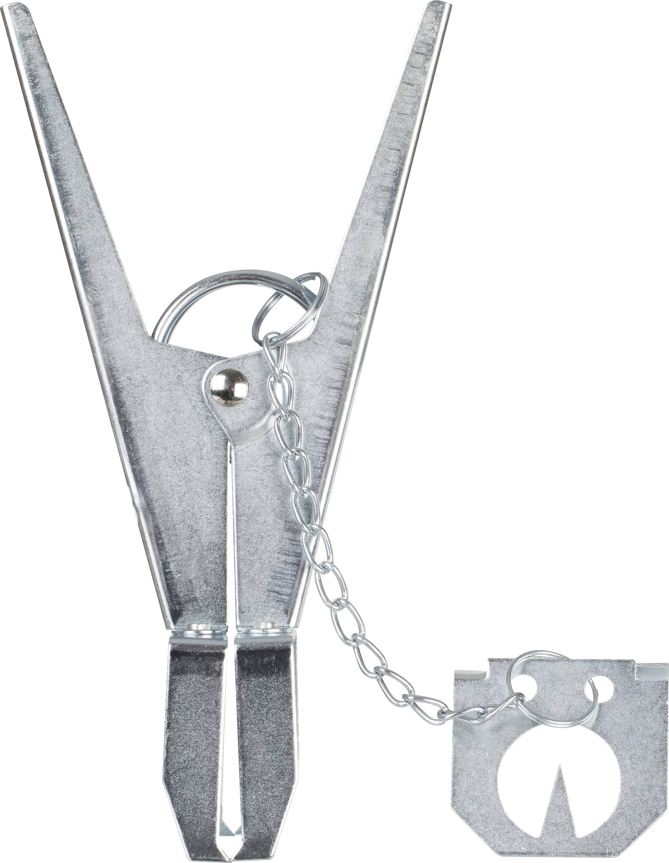 Metal clip with chain and removable closure clip, commonly used in stage or studio technology.