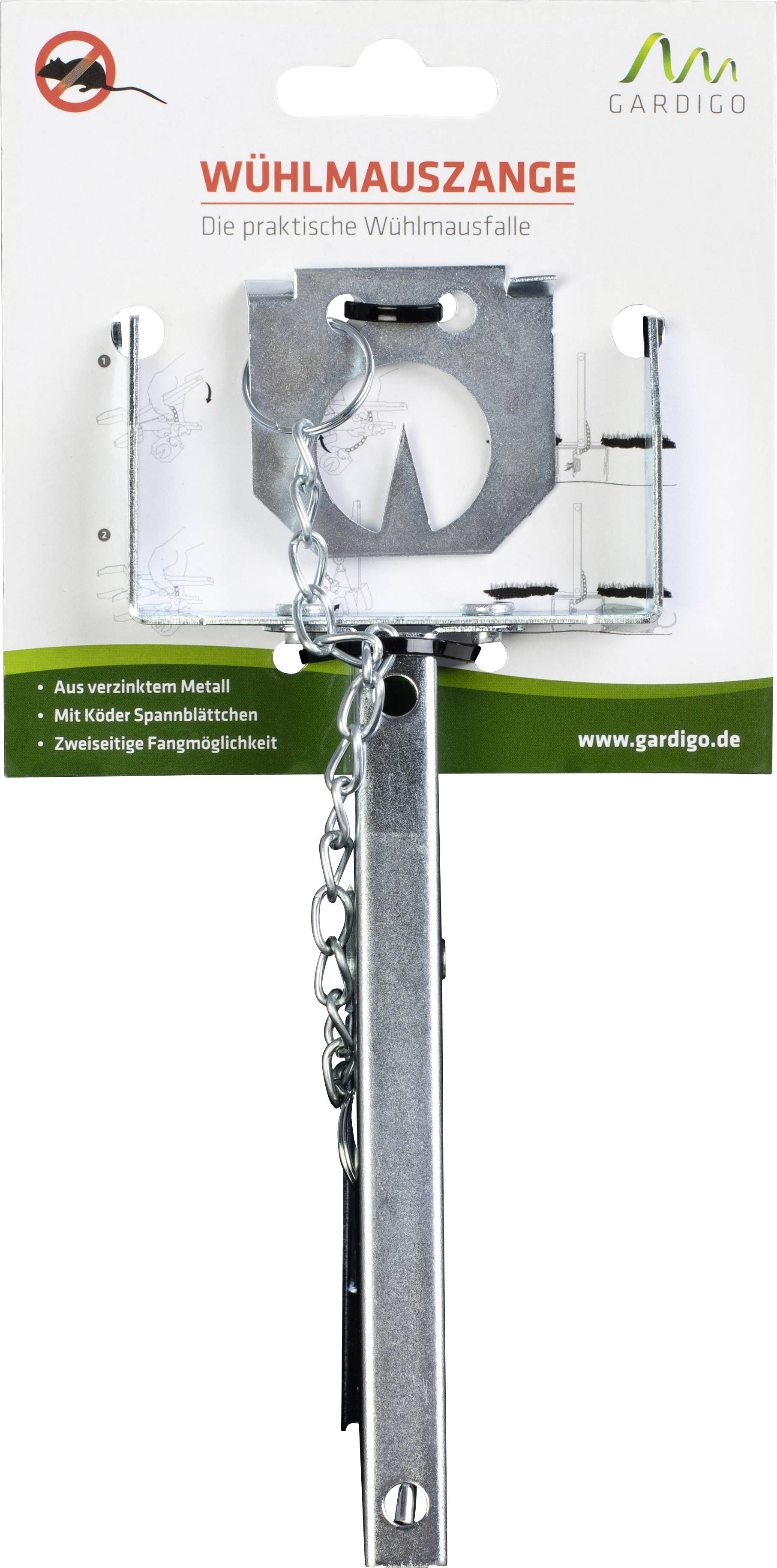 A vole trap in packaging. The text 'Vole Pliers' and 'The Practical Vole Trap' is shown.