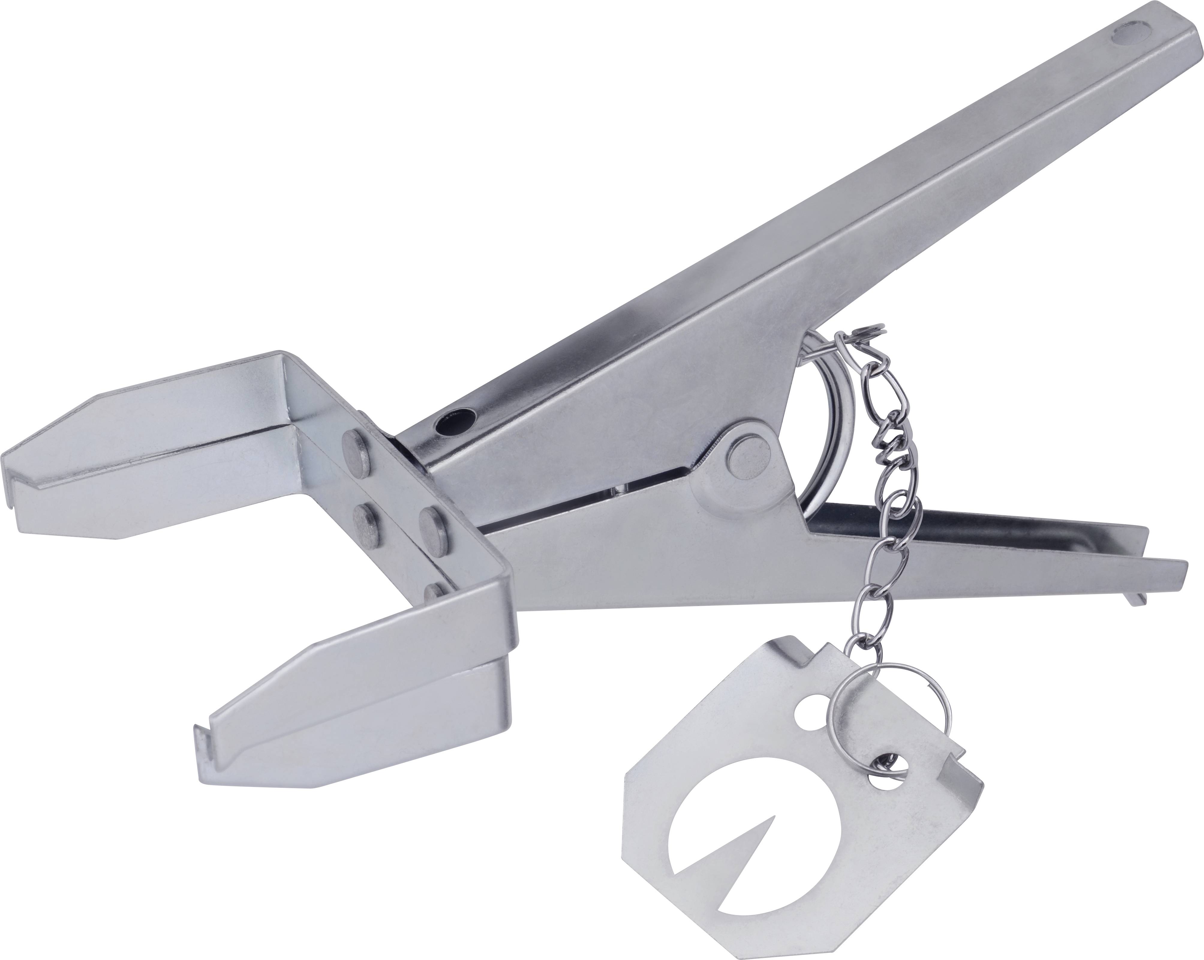 Metal pliers with a chain keyring attachment. Suitable for gripping or opening. Primarily silver in colour, an industrial tool.