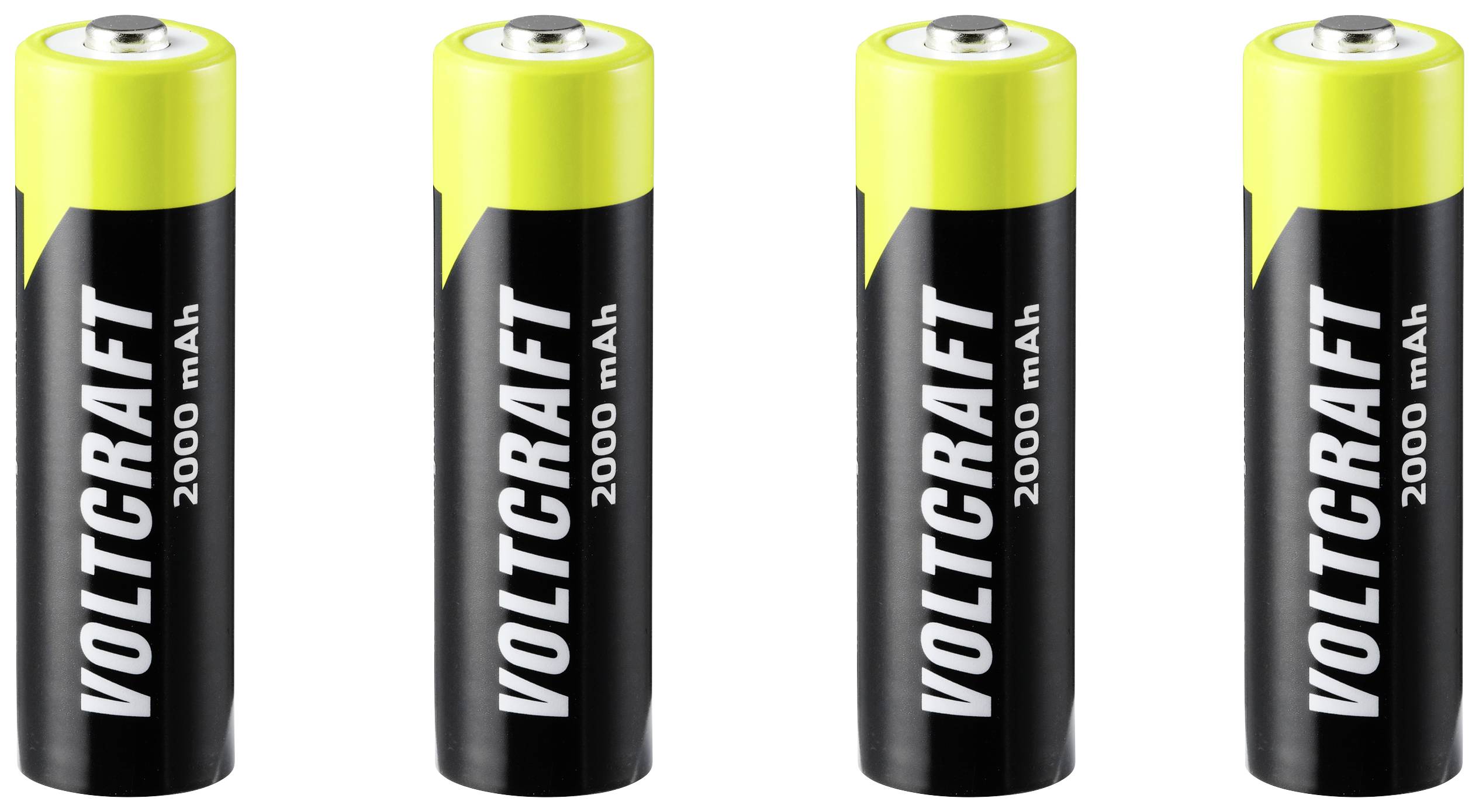 Four black AA batteries with yellow tips, marked with 'VOLTCRAFT 2000 mAh'.