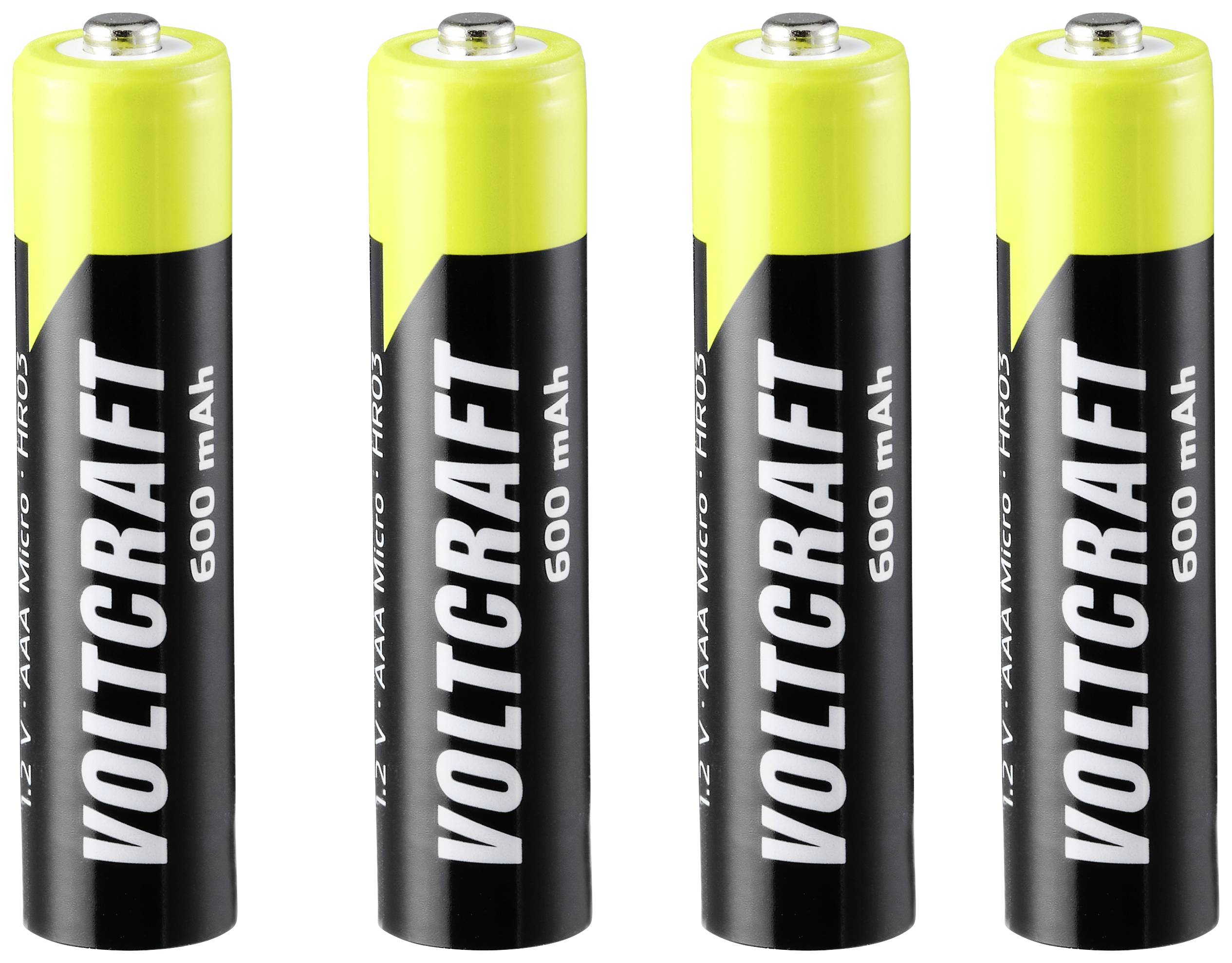 Four yellow-black AAA batteries by Voltcraft with a capacity of 600 mAh.