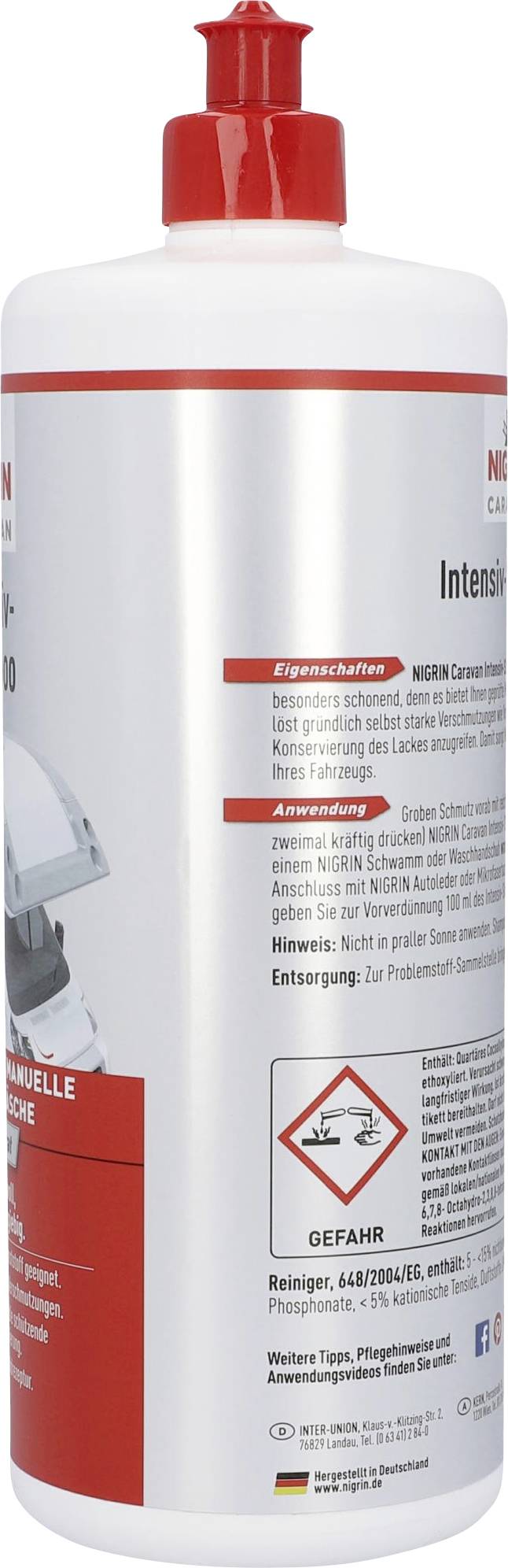 Bottle with red lid, contains 