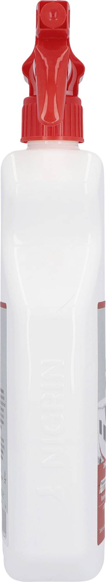 White spray bottle with a red spray nozzle, presumably for cleaning solution.