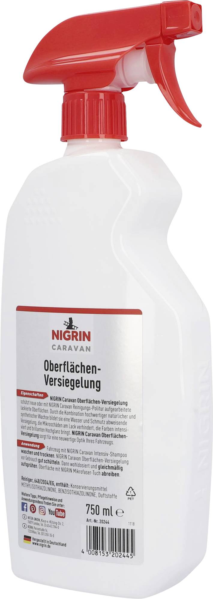 A spray bottle with a red spray nozzle and label 'Nigrin Caravan Surface Sealant, 750 ml'.