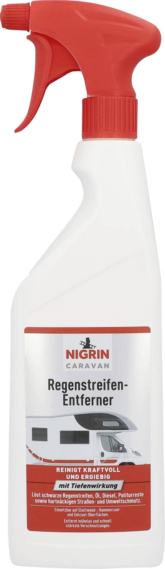 Spray bottle with red trigger, label reading 'Nigrin Caravan Rain Streak Remover'. Image of a motorhome. Cleans surfaces.
