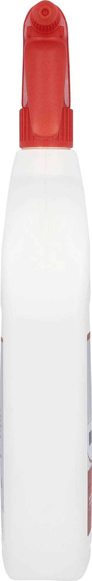 Plastic bottle with red spray nozzle, contains household cleaner.