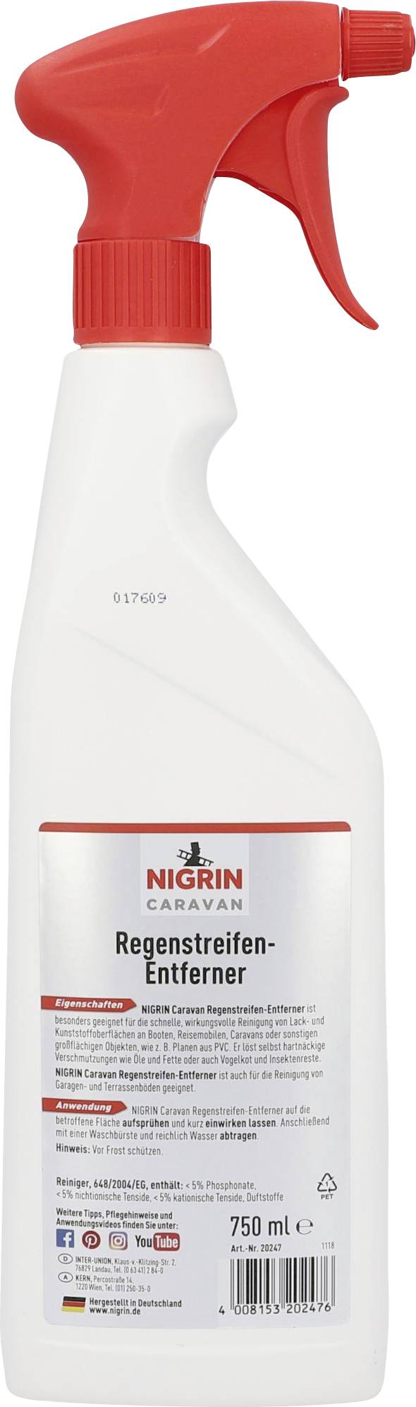 White spray bottle with red spray nozzle, label shows 'Nigrin Caravan Rain Streak Remover', 750 ml.