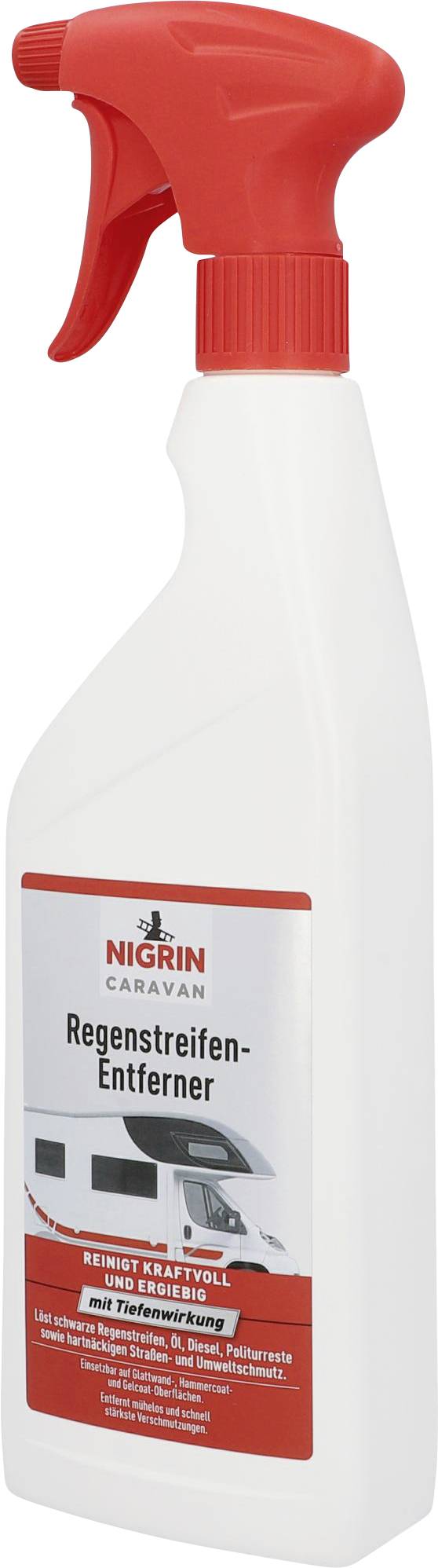 Nigrin Caravan Rain Streak Remover in a white spray bottle with a red spray nozzle. Removes rain streaks and cleans with deep-acting effectiveness.
