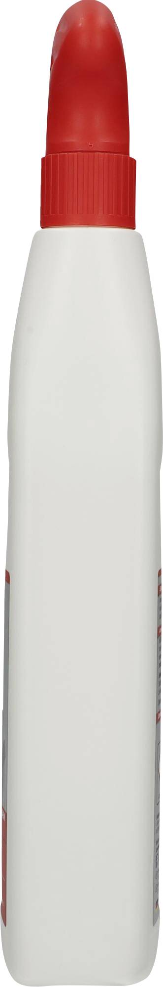 A white bottle with a red lid, standing vertically, presumably for liquid or cream.