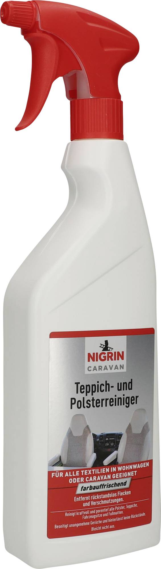 A spray bottle of carpet and upholstery cleaner. Red label with the 'Nigrin' brand. Contains cleaning solution for car interiors.