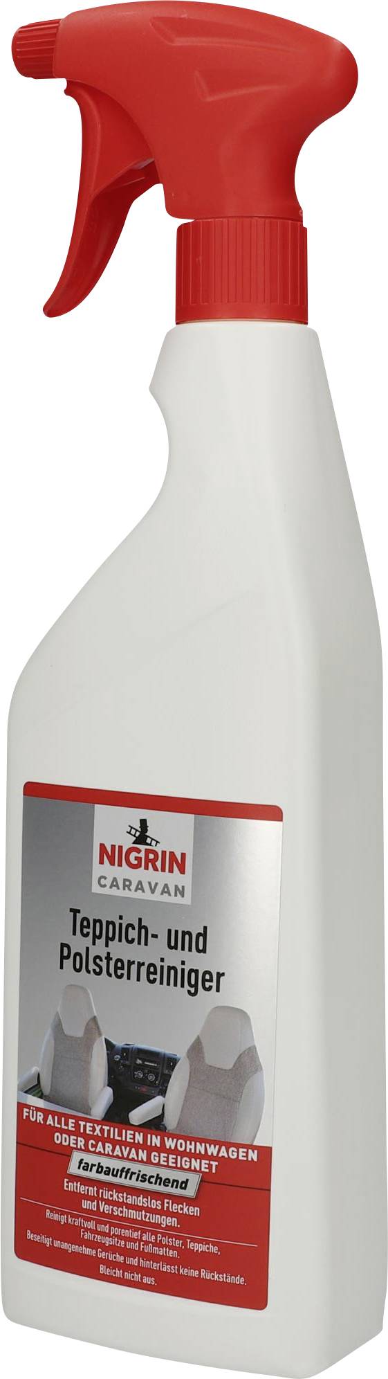 Spray bottle with red spray nozzle, label 'Nigrin Carpet and Upholstery Cleaner' for caravans and motorhomes.