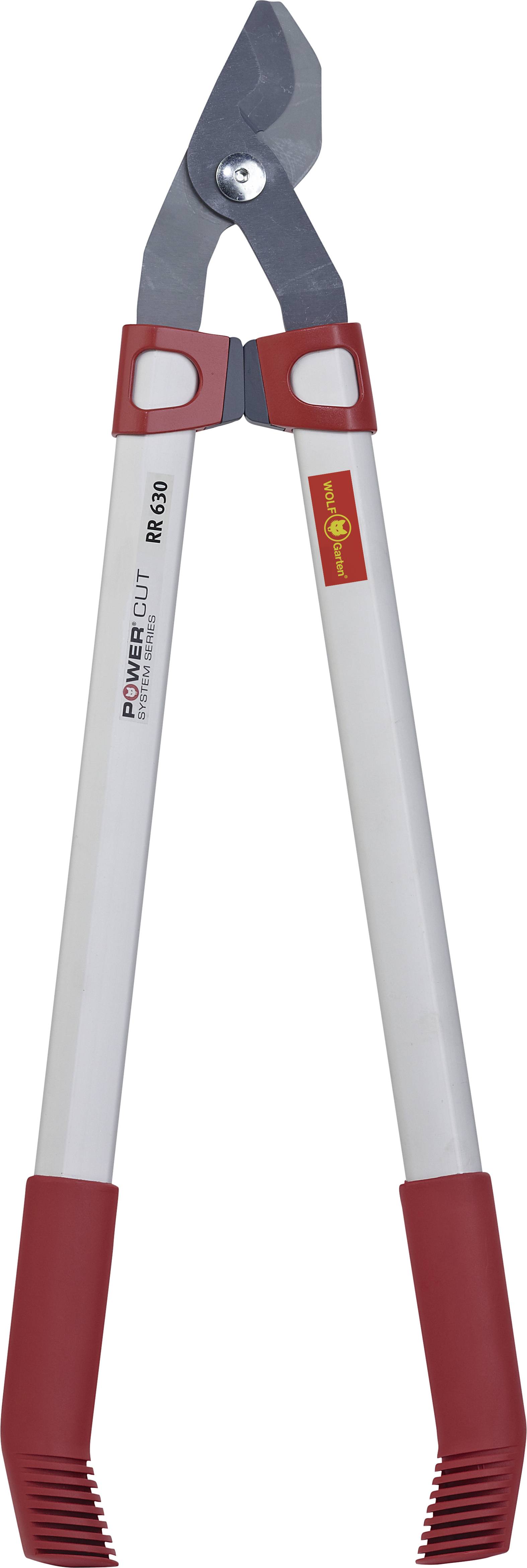 Garden pruning saw with red and white handles and a sharp blade, suitable for cutting branches in gardens or landscaping.