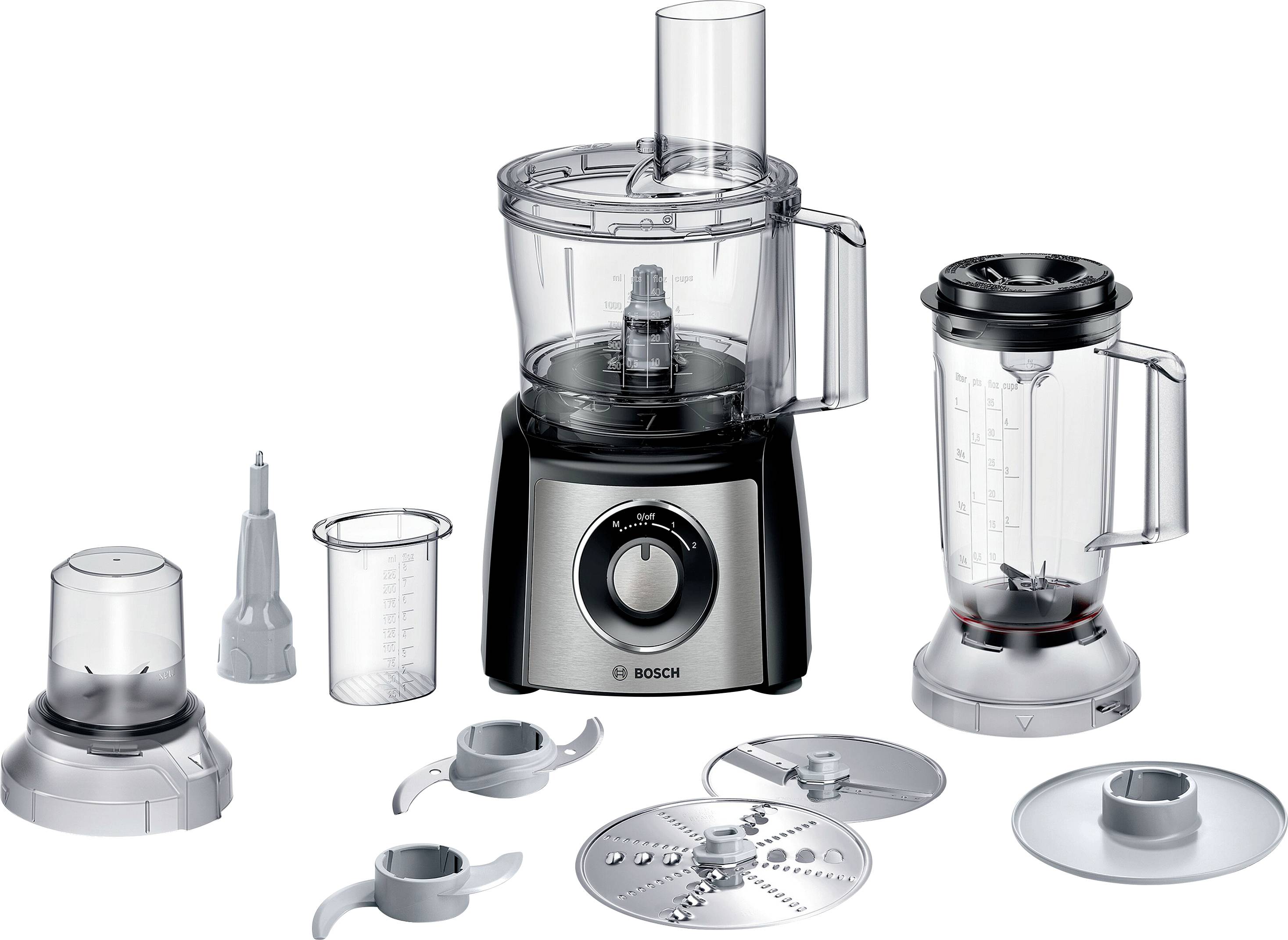 Bosch food mixer with various attachments and accessories, including a knife, grating discs, mixing bowl and measuring jug.