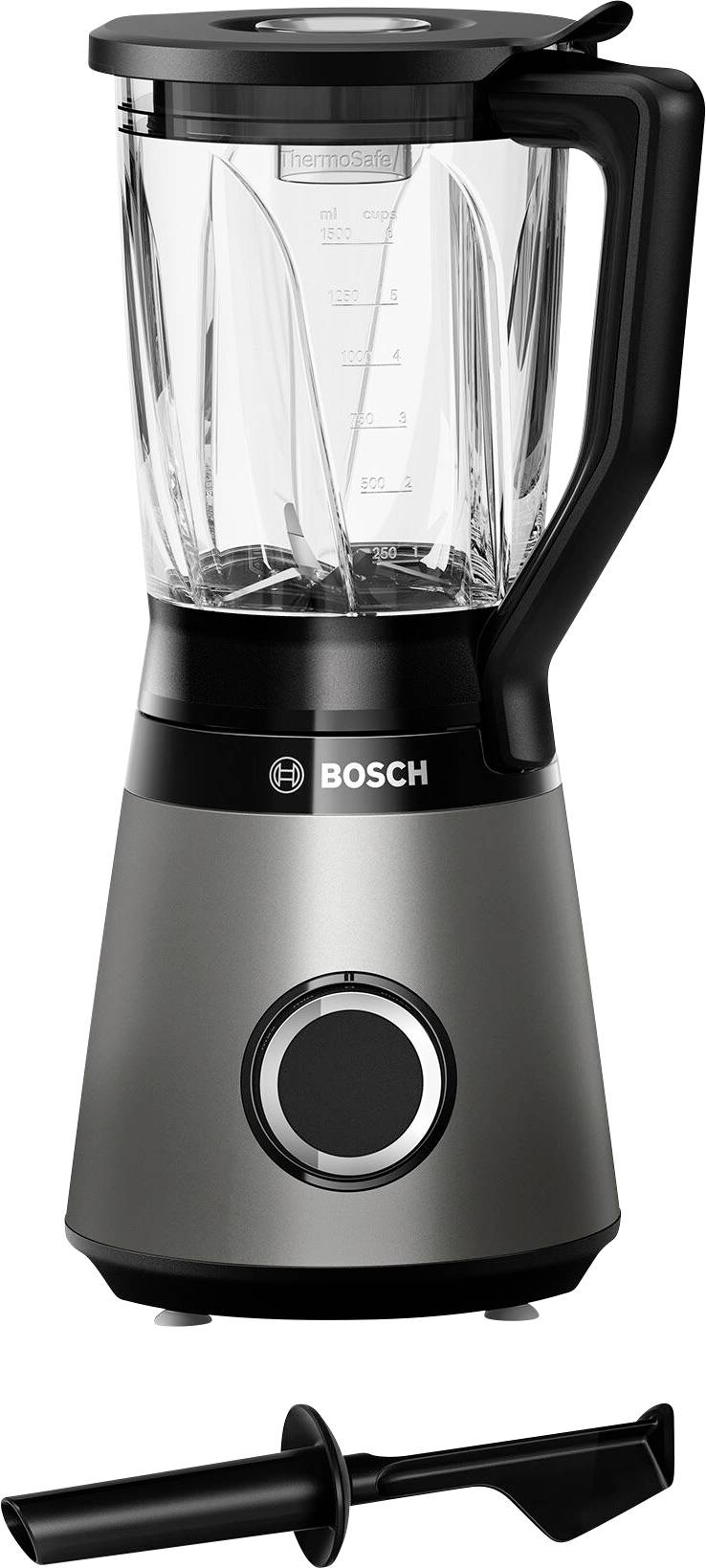 A black Bosch blender with a transparent jug and scale, along with a pestle. Suitable for chopping and blending ingredients.