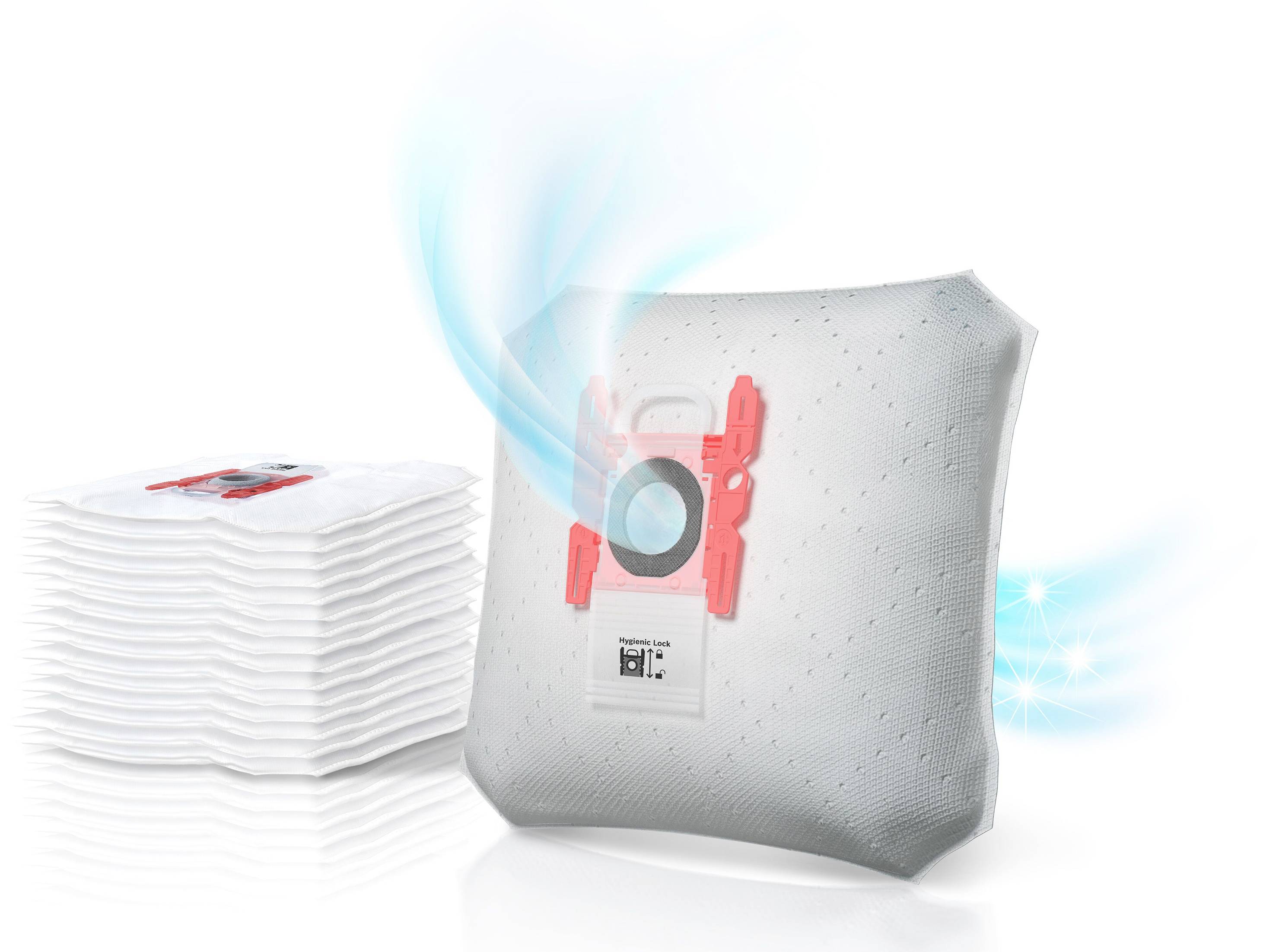 Vacuum cleaner bag illustrated with airflow. Bag shown with a stack in the background.