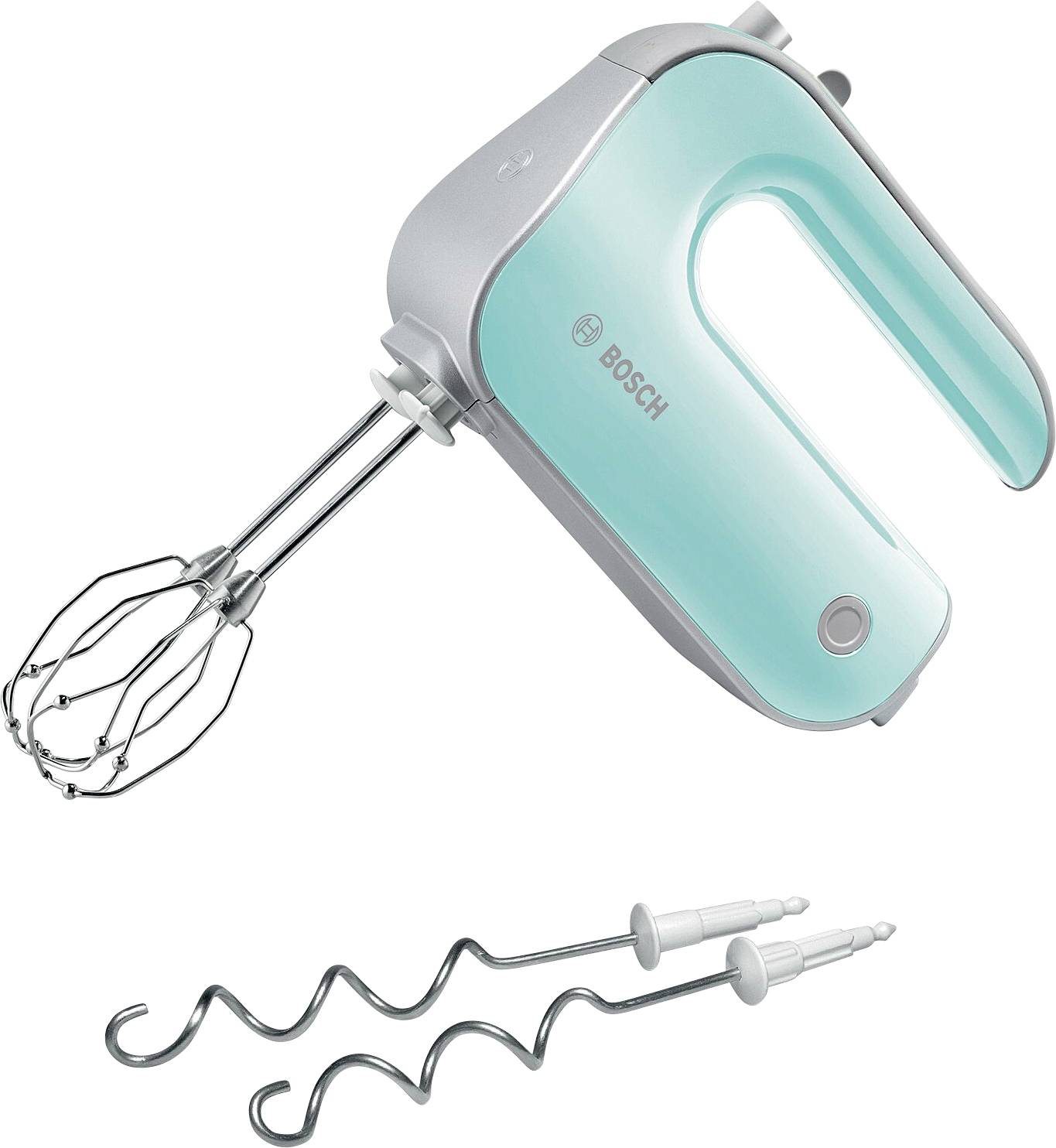 Hand mixer in turquoise and grey, with whisks and dough hooks.