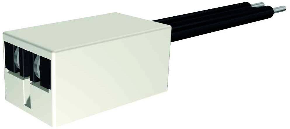 A white two-pole plug connector with black cables, showing two metal inserts for electrical connection.