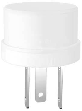 White round plug adapter with two metal pins underneath.