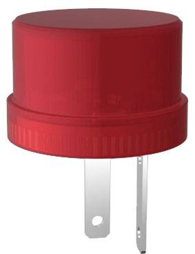 Red cylindrical adapter with two metal pins, suitable for electrical connection.