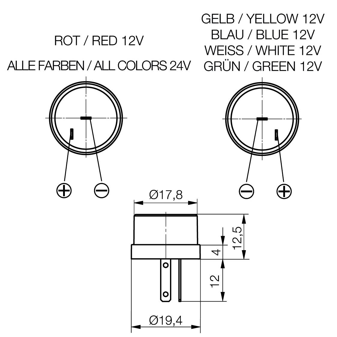 Technical drawing of two circular interfaces with marked poles. Left: Plus on top, Minus at bottom. Right: Minus on top, Plus at bottom.