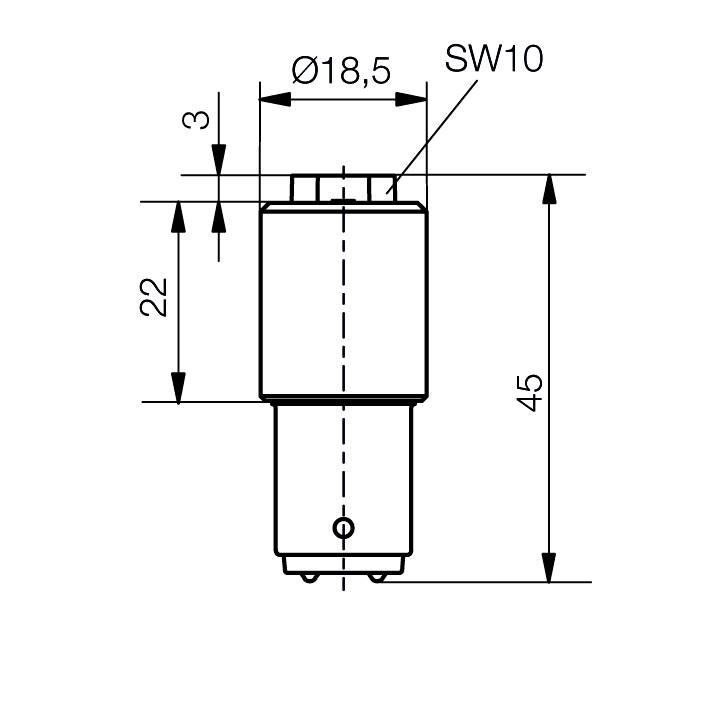 Technical drawing of a cylindrical component with dimensions: Total length 45 mm, diameter 18.5 mm, hexagon width 10 mm.