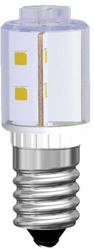 LED light bulb with small screw base, transparent casing, and visible yellow illuminating elements.