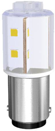 LED light fitting with a cylindrical, transparent housing and metallic base, showing multiple yellow light chips inside.