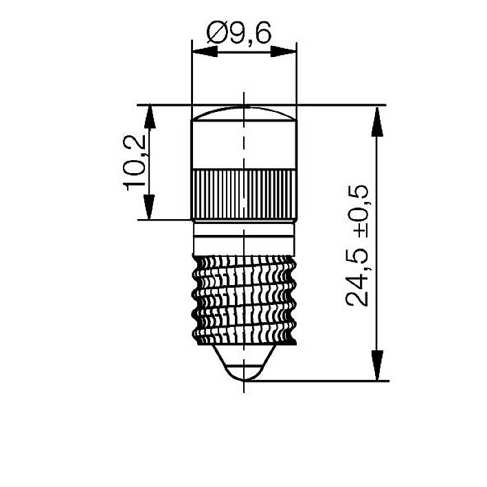 Technical drawing of a light bulb with dimensions: length 24.5 mm (±0.5 mm), diameter 9.6 mm and 10.2 mm.