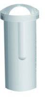 A white plastic container with a transparent, hemispherical lid, likely a storage container or measuring device.