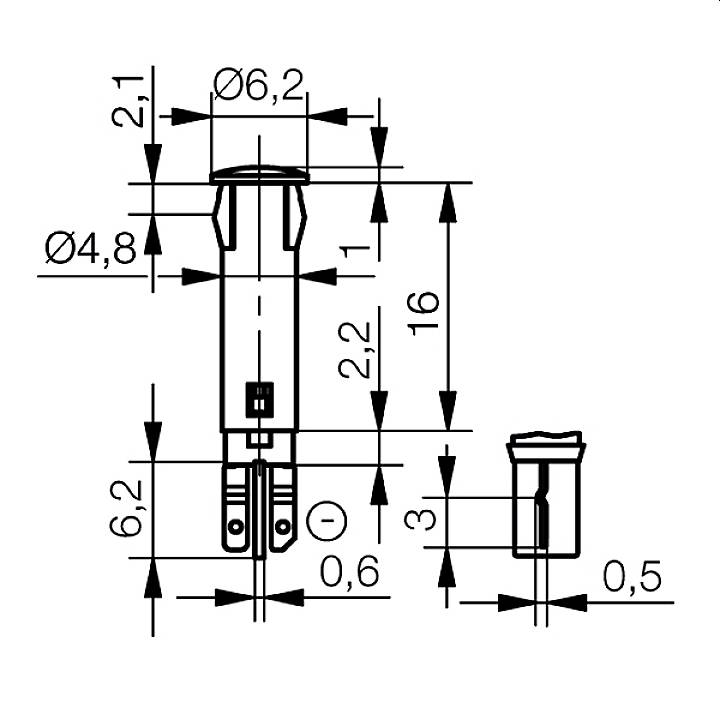 Technical drawing of an electrical connector with detailed dimensional specifications in millimetres. Top view and side view shown.