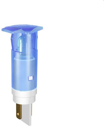 A blue light-emitting diode with a transparent cover and two metal contacts, used for electronic applications.