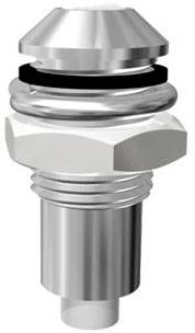 Industrial machine component made of silver-coloured metal, with a tapered point and two rings. Could be used for machinery or pneumatic applications.