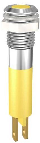 Yellow and silver electrical component, likely a push button or switch, with a metallic shiny surface and two terminals.