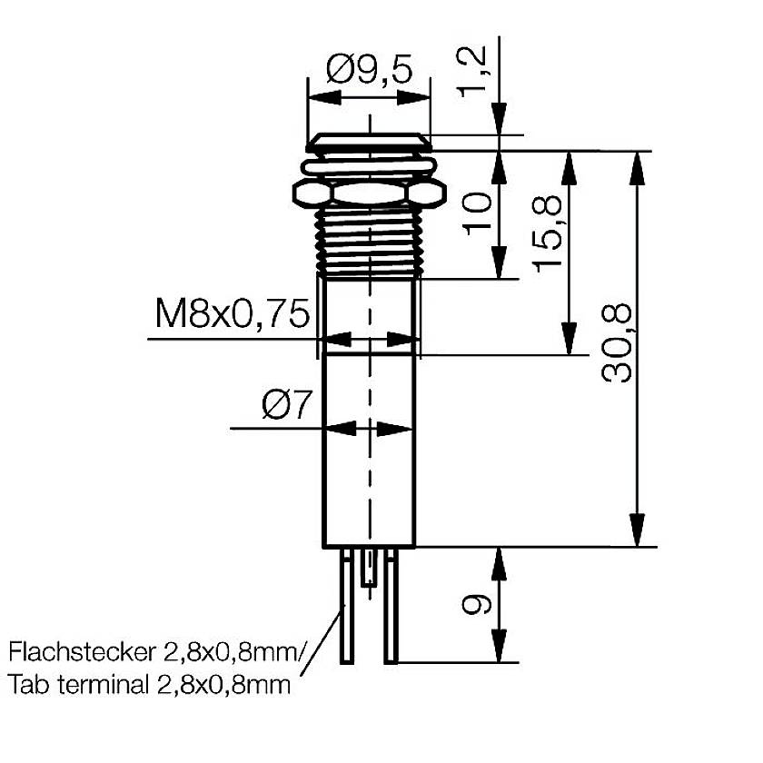 Technical drawing of a connector: M8x0.75 thread, total length 30.8 mm, with flat plug 2.8x0.8 mm.