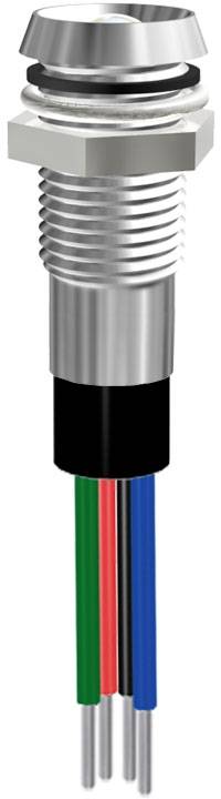 Metallic plug with four coloured cables (green, red, black, blue). Connector for electronic applications.