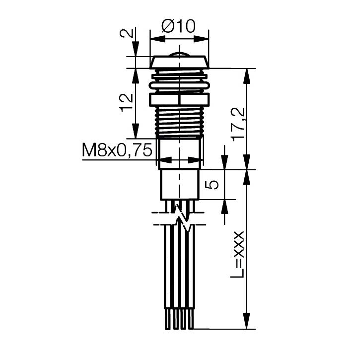 Technical drawing of an electrical connector with M8x0.75 thread, total length 17.2 mm. Various dimensions provided.