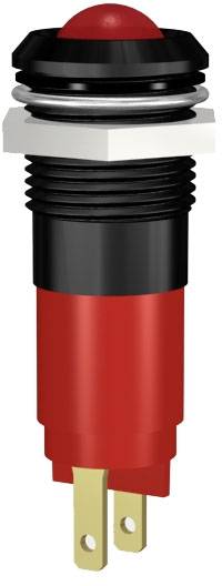 A red push button with black and gold details, suitable for use in electronic circuits.
