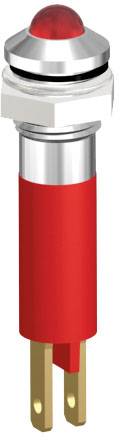 A red LED push button with a round, transparent cap and two golden connecting pins at the bottom end.