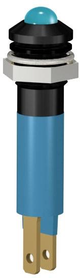 Tactile switch with blue button, hexagonal metal safeguard and two golden terminals. Suitable for electronic applications.