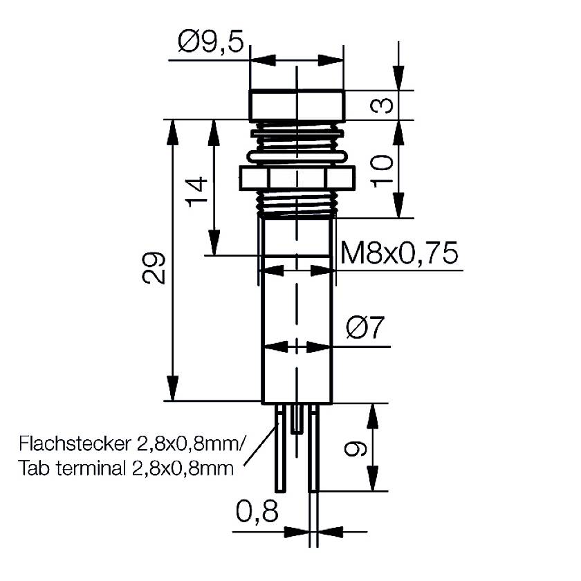 Technical drawing of an electrical device plug with dimensions: Total length 29 mm, thread diameter M8 x 0.75, pin diameter 2.8 mm.
