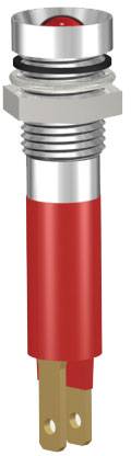 Red metal LED switch with silver thread and gold pins, used for electrical circuits or control panels.