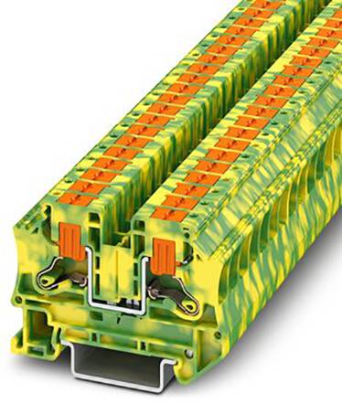 Clamps with a green-yellow housing and orange contacts, used for secure electrical connection in control cabinets.