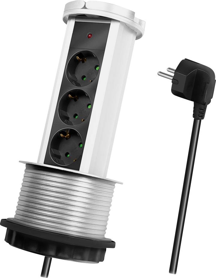 Multi-socket adaptor with three outlets in a cylindrical housing, suitable for vertical installation, with a separate power cable.