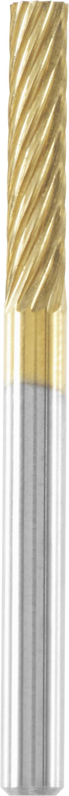 A milling cutter with a spiral cutting edge, gold-coloured at the top, silver at the bottom. Used for precision milling in metalworking.