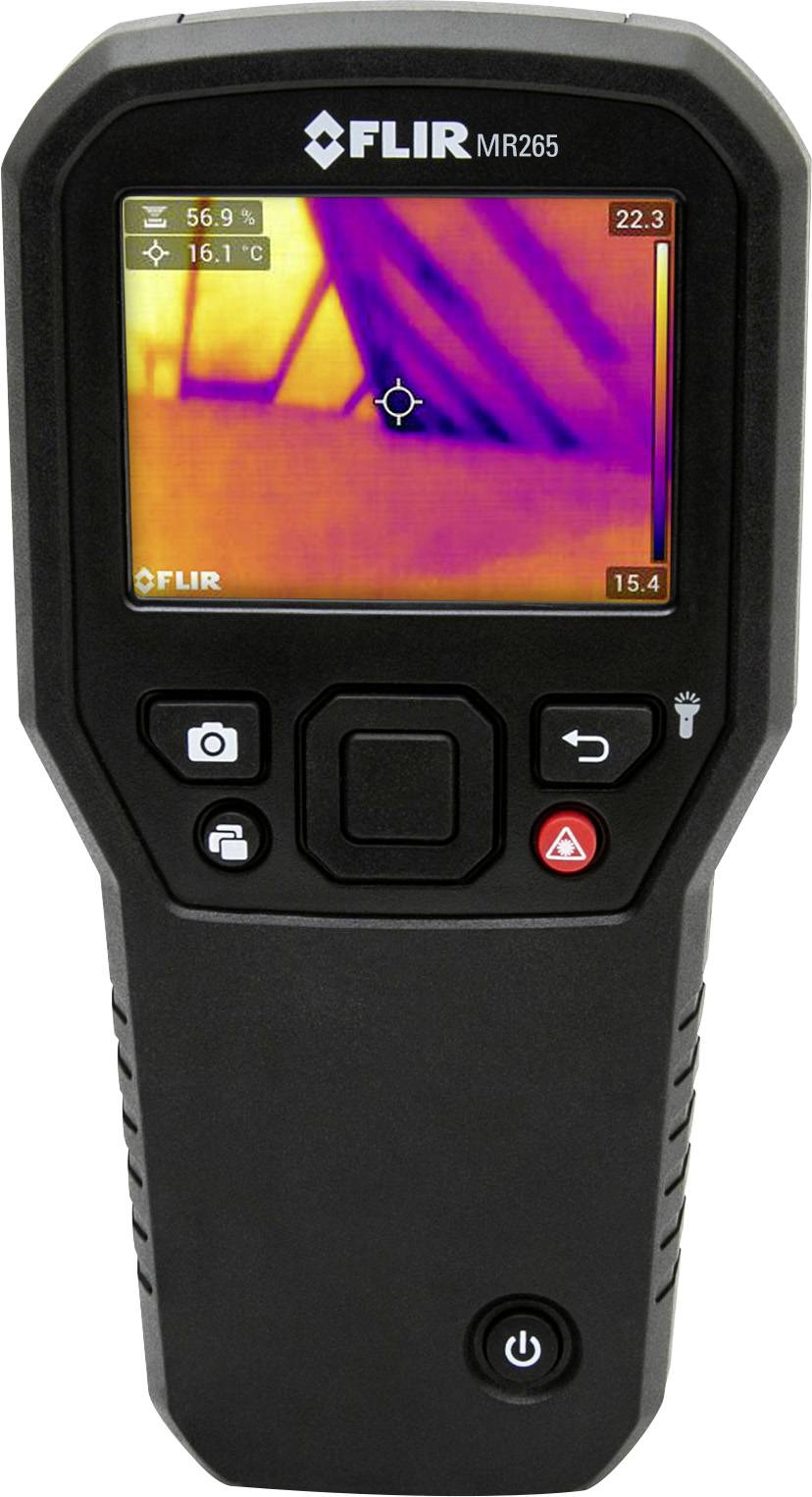 An infrared thermometer with display shows temperature measurements and thermal image of a roof construction. Temperature values range between 15.4°C and 22.3°C.